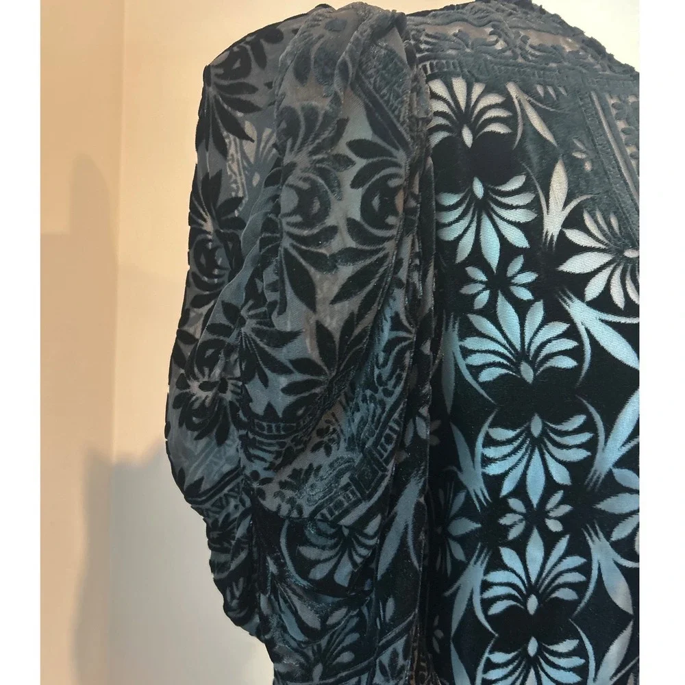 Johnny Was Amatan Ruched Velvet Blouse Black Silk Blend Burnout Sheer XS